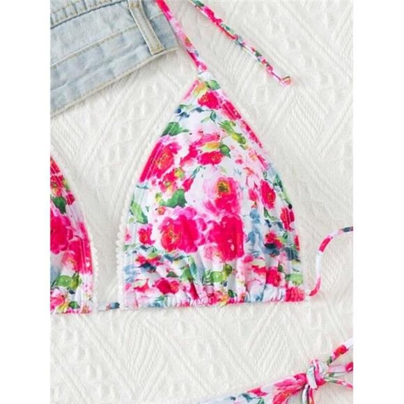 Women Beach Holiday Floral Print Halter Tie Bikini Set With Random Print - Picture 6 of 6